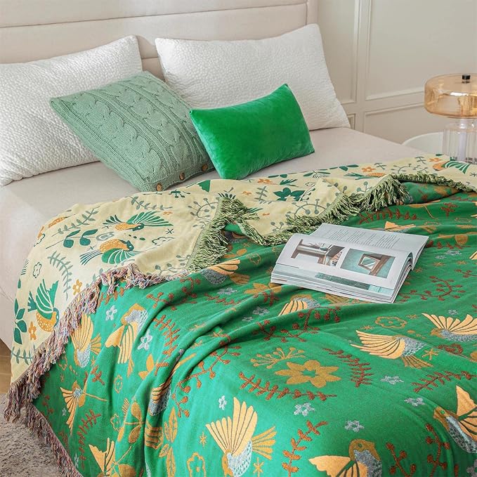 MSGKV Boho Throw Blanket 100% Cotton Green Blanket 90''x 98'' Double Sided Knit Blankets with Tassels Reversible Warm Soft Blanket Throw Blankets for Bed Sofa Living Room-Ruum Studio Home