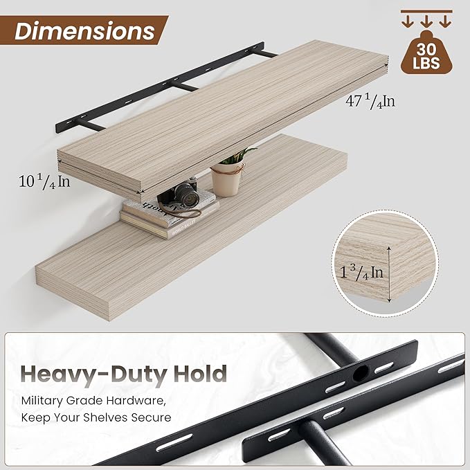 Heimlove 48" Floating Shelves for Wall,10 Grey Deep Rustic Wood Display & Storage Wall Shelves with Heavy Duty Brackets for Bathroom,Bedroom,Kitchen,Living Room,Office,Set of 2-Ruum Studio Home