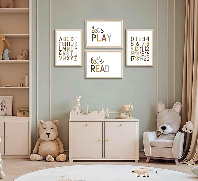 4 Pcs Boho Playroom Canvas Wall Art Nursery Toddler Educational Let's Read Let's Play Painting Pictures Wall Decor Posters Print Artwork for Girl Boy Childs Room Classroom Home Decoration Unframed-Ruum Studio Home