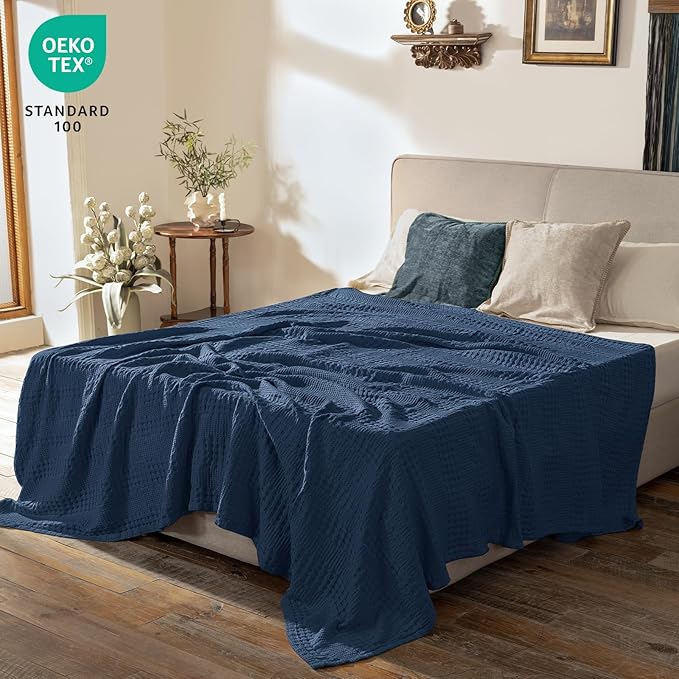PHF Cooling Waffle Blanket Queen Size, Lightweight 60% Rayon Derived from Bamboo & 40% Cotton Breathable Blanket for Hot Sleepers, Soft and Luxury for Bed Couch and Sofa, 90"x90", Navy Blue-Ruum Studio Home