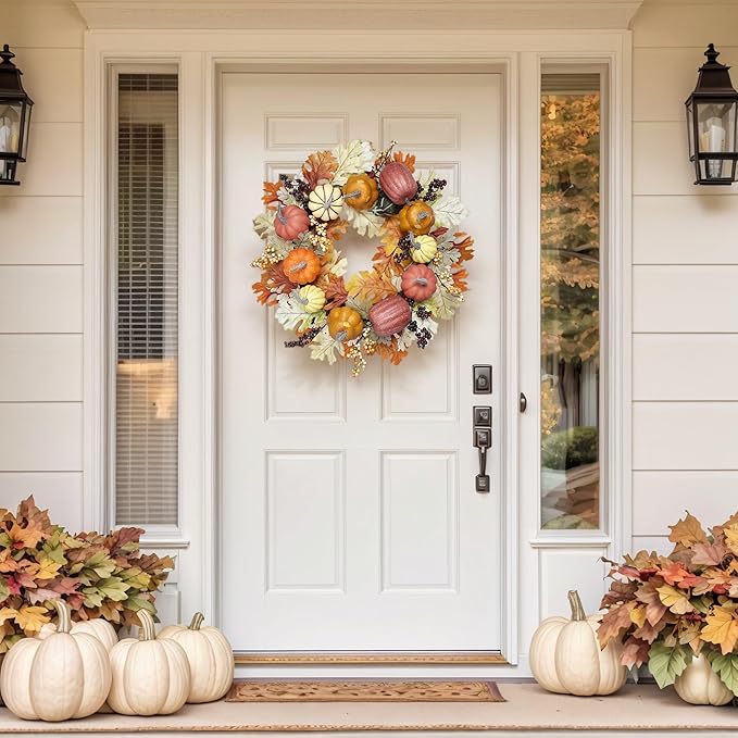 24 inch Fall Wreaths for Front Door Outside Autumn Wreath Fall Decorations for Home Decor Pumpkin Wreath for Farmhouse Holiday Thanksgiving Harvest Halloween Outdoor Indoors Fall Front Porch-Ruum Studio Home