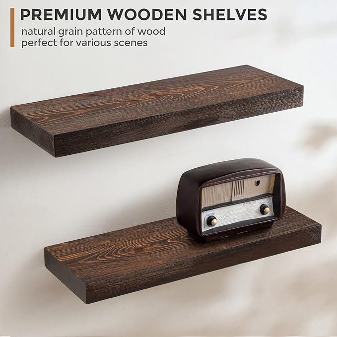 Fun Memories Handcrafted European Pine Floating Shelves Wall Mounted Set of 2 - Natural Rustic Wooden Wall Shelf - Storage Shelf for Living Room Farmhouse - Dark Walnut - 16Inch-Ruum Studio Home