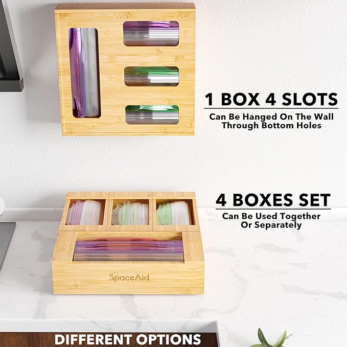 SpaceAid Bag Storage Organizer for Kitchen Drawer, Bamboo Organizer, Compatible with Gallon, Quart, Sandwich and Snack Variety Size Bag (4 Pack)-Ruum Studio Home