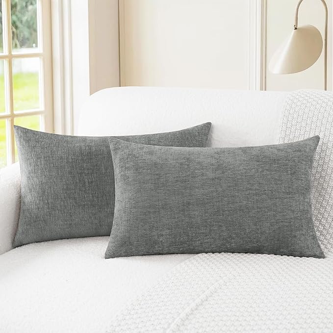 CaliTime Throw Pillow Covers Decorative 12 X 20 Inches Pack of 2 Cozy Chenille Cushion Cases for Couch Sofa Bed Living Room Home Medium Grey-Ruum Studio Home