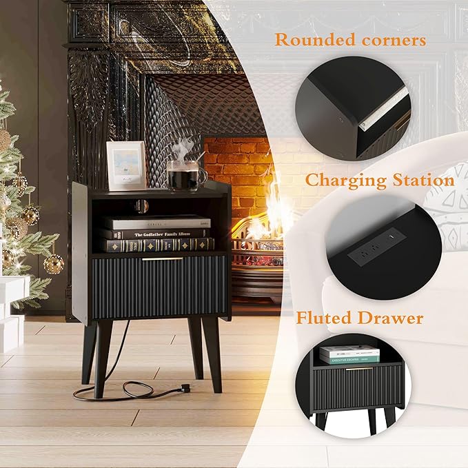 Fluted Nightstand with Charging Station, Modern Bedside Table with Drawer,Black Nightstand with Solid Wood Legs, End Table,Side Table for Living Room,Bedroom Black CTG57BKE-Ruum Studio Home