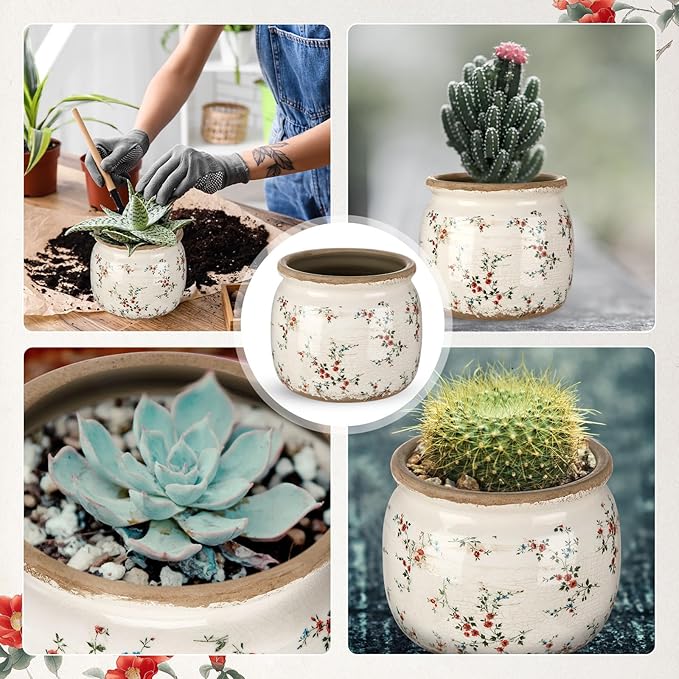 Vintage Planter Large Ceramic Plants Pot Beige Red Rustic Floral Ice Crack Cottage Scroll Vase Flower Vase Pot Indoor Plants Home Kitchen Decor Farmhouse Antique Decorative Gifts-Ruum Studio Home