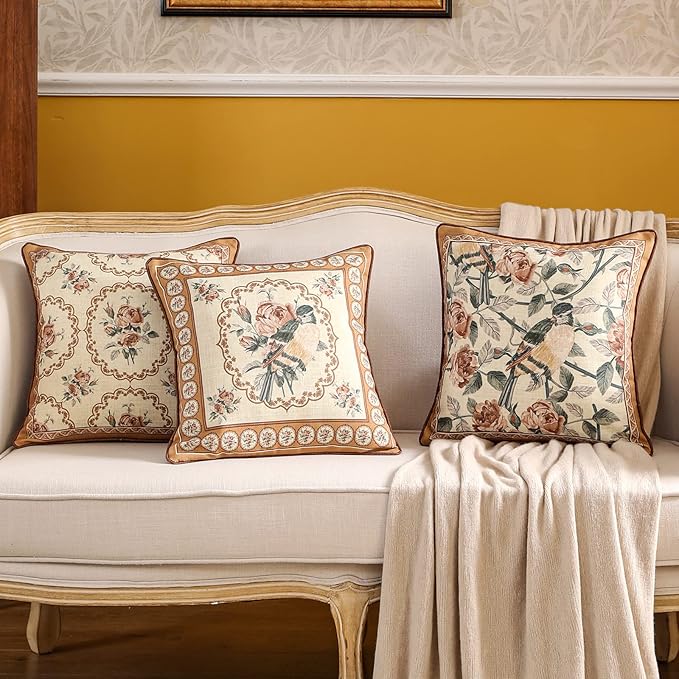 patdrea Designer Vintage Floral Throw Pillow Covers for Couch Set of 4,Brown Yellow Linen Pillowcases with Bird and Rose Pattern Decorative Cushion Cover for Bedroom Living Room Outdoor Car Cafe-Ruum Studio Home