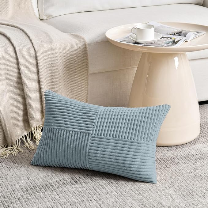 Fancy Homi Set of 2 Light Blue Lumbar Decorative Throw Pillow Covers 12x20 Inch for Living Room Bedroom Couch Bed Sofa, Soft Striped Corduroy Coastal Blue Rectangle Accent Cushion Case 30x50 cm-Ruum Studio Home