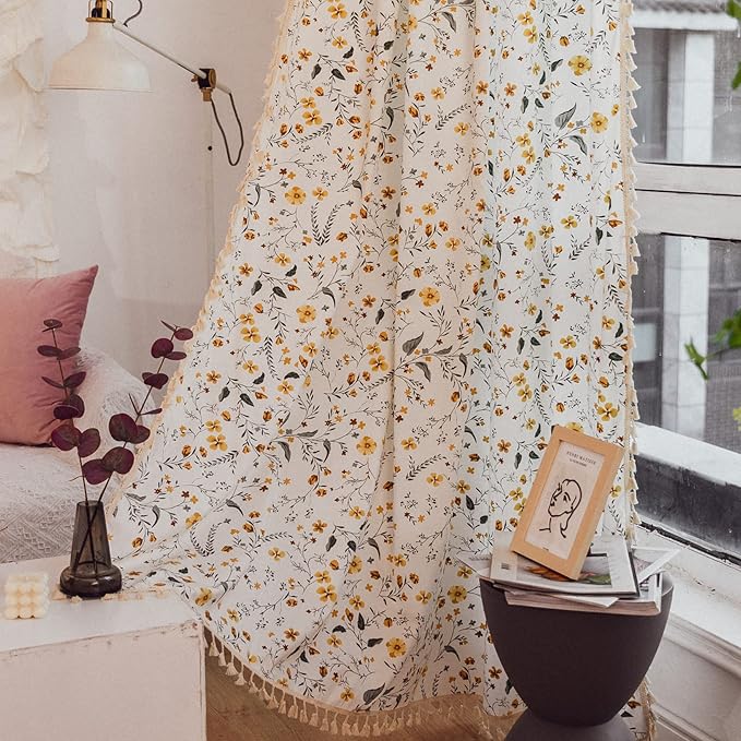 Sutuo Home Boho Curtain Semi-Blackout Yellow Florals Print Cotton Linen Fabric, Handmade Tassels Rod Pocket Bohemian Farmhouse Country Window Drapes for Living Bedroom, 59" W x 84" L, 1 Panel-Ruum Studio Home