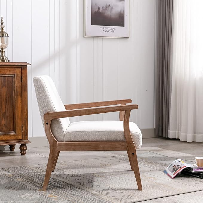 Mid Century Modern Accent Chair Set of 2, Linen Upholstered Living Room Accent Armchair with Wood Frame, Farmhouse Chair for Living Room Bedroom, Ivory-Ruum Studio Home