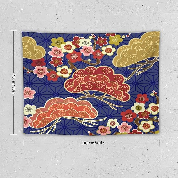 HZOHNAGO Japanese Tapestry Art Abstract Colorful Cherry Blossom Blue Background Pattern Printed Wall Tapestry Painting Wall Hanging for Bedroom Living Room Dorm 40" W x 30" H-Ruum Studio Home