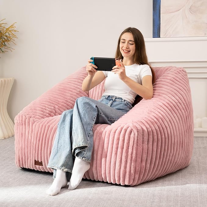 HABUTWAY Bean Bag Chair, Giant Bean Bag Chairs for Adults and Kids, Bean Bag Sofa, Lazy Floor Sofa, Faux Fur Beanbag Chair with Armrests for Living Room Bedroom (Pink)-Ruum Studio Home