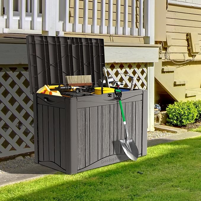 45 Gallon Double-Wall Resin Deck Box - Lockable Waterproof Outdoor Storage Box, 515bs Capacity & Doubles as Seating for Patio Furniture - Garden Tools, Pool Accessories (Brown)-Ruum Studio Home