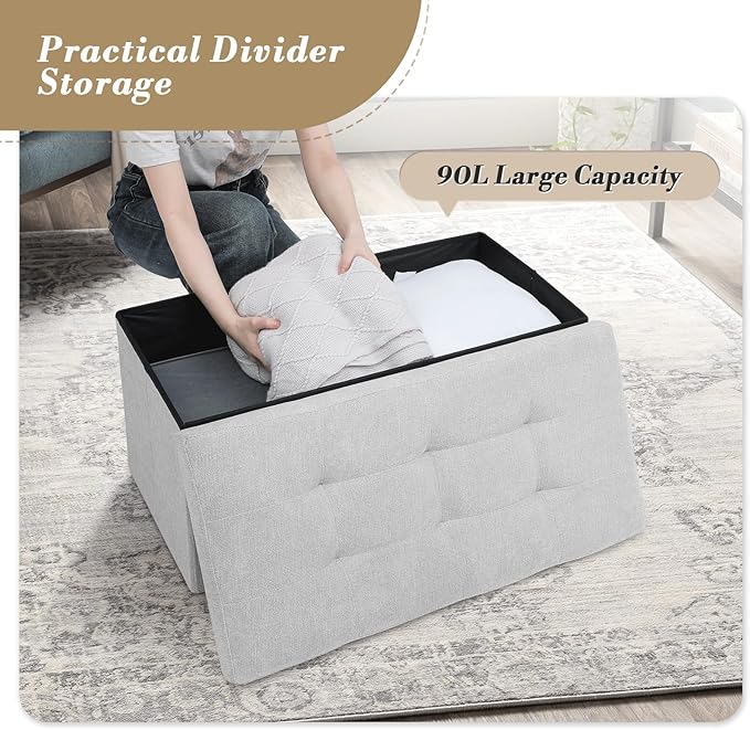 Storage Ottoman Bench, Folding Ottoman Foot Rest, 15 x 30 x 15 Inches, End of Bed Bench, Storage Chest, for Living Room, Bedroom, Hallway, Entryway, Light Gray-Ruum Studio Home