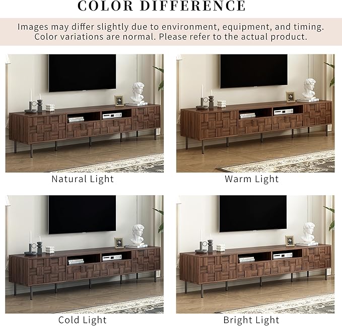 Modern TV Stand for TVs up to 85", Mid-Century Media Console with Checkered Cabinet Doors, Storage Drawers & Open Shelves, Wood Entertainment Center with Metal Legs-Ruum Studio Home