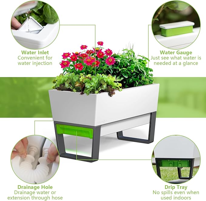 Glowpear Self Watering Planter Box - 29.5", White - UV Stable, Scalable Urban Raised Garden Bed with Water Gauge, Indoor Outdoor for Vegetables, Flowers, Herbs, and Succulents, Gardening-Ruum Studio Home