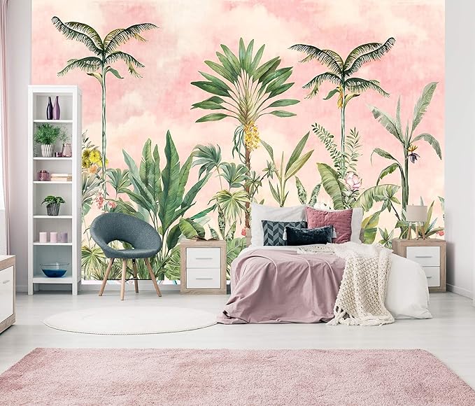 Watercolor Pink Tropical Botanical Leaf Wallpaper Mural for Nursery Girls Bedroom (Not Peel and Stick)-Ruum Studio Home