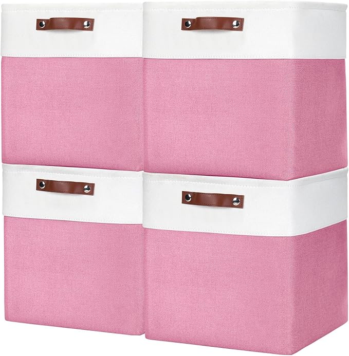 13x13 Cube Storage Bins, Collapsible Fabric Storage Box, 4 Pack Closet Baskets with Handles for Organizing, Shelf, Toys, Clothes, Home, Office, Nursery (Pink&White)-Ruum Studio Home