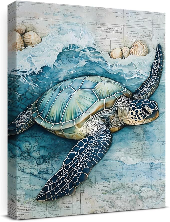 Coastal Sea Turtle Canvas Wall Art Turtle Nautical Ocean Theme Print Poster Framed Picture Painting for Home Beach House Bedroom Wall Decor 11x15 Inch-Ruum Studio Home