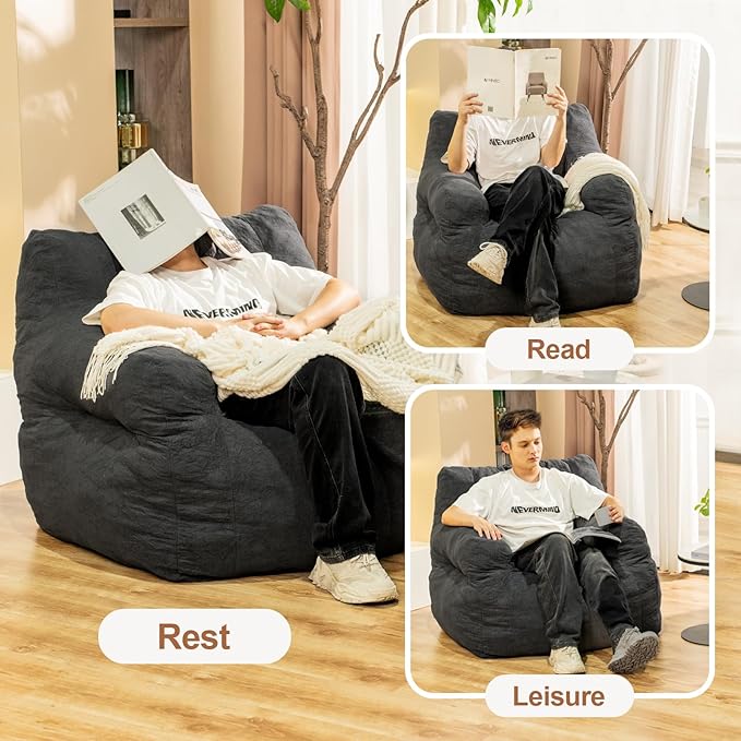 Bean Bag Chairs for Adults Ergonomic Support Reading Floor Sofa Chair with Filler Spacious (Grey) (Large)-Ruum Studio Home