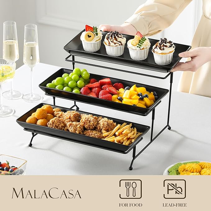 MALACASA 3 Tier Serving Trays for Party, Stoneware Serving Platters and Trays, 14 Inch Tiered Tray Stand, Fruit Tray, Trays for Serving Food, Black Dessert Stand with Collapsible Sturdier Metal Rack-Ruum Studio Home