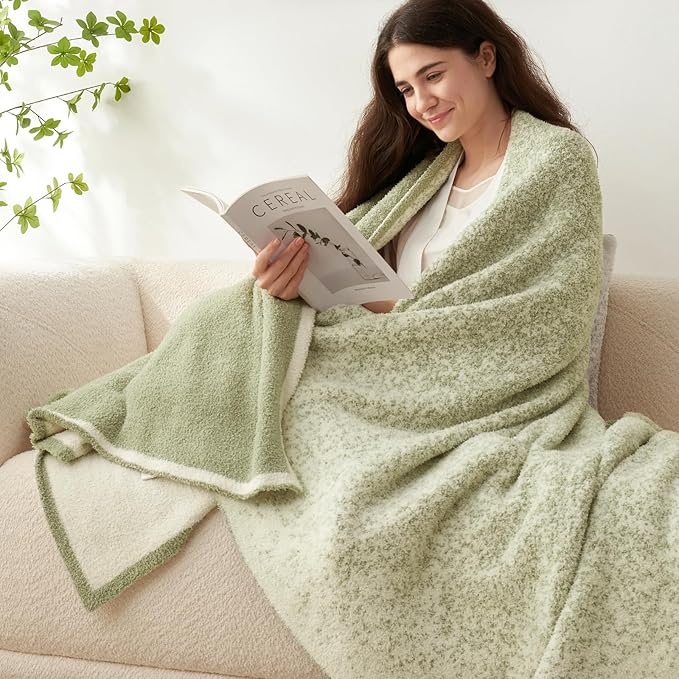 Snuggle Sac Sage Green Throw Blanket for Couch, Reversible Super Soft Warm Blankets Cozy Knit Blanket Fuzzy Plush Lightweight Throws for Sofa, Bed, Picnic, Ombre Sage Green, 50 x 60 inches-Ruum Studio Home