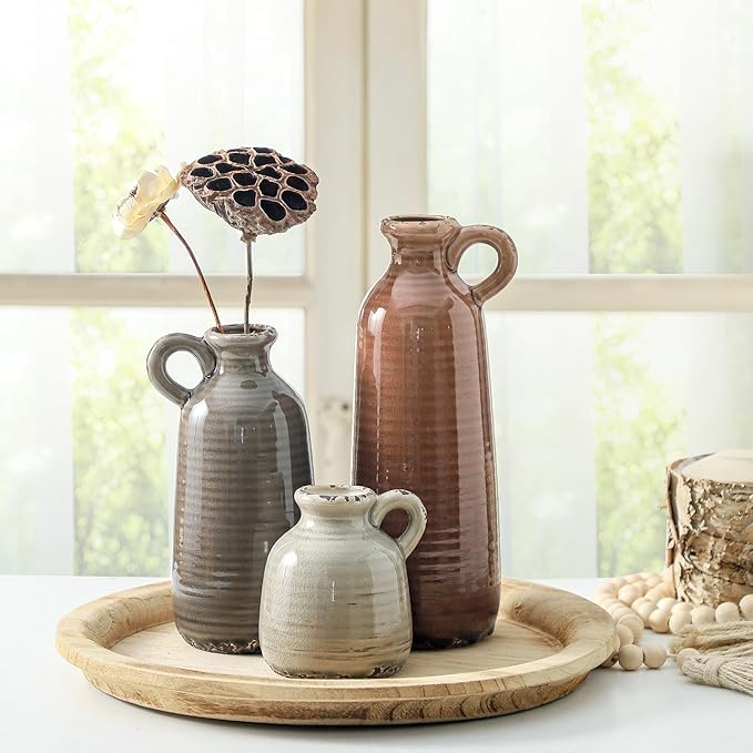 Ceramic Vases Set of 3, Neutral Rustic Farmhouse Vase with Handle, Decorative Flower Vases Home Decor Modern Boho Pampass Vase for Table Mantel Entryway Shelf Living Room Kitchen Bathroom - Brown-Ruum Studio Home