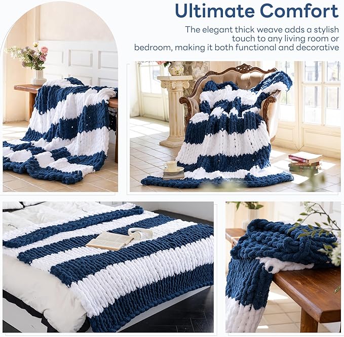 Chunky Knit Blanket - Luxury Soft Cozy 50 * 60 Throw Blanket,100% Woven Blanket Rope Knot Throw Blanket for Couch, Sofa, Home Decor, Gift - Machine Washable（White/Deep Blue）-Ruum Studio Home