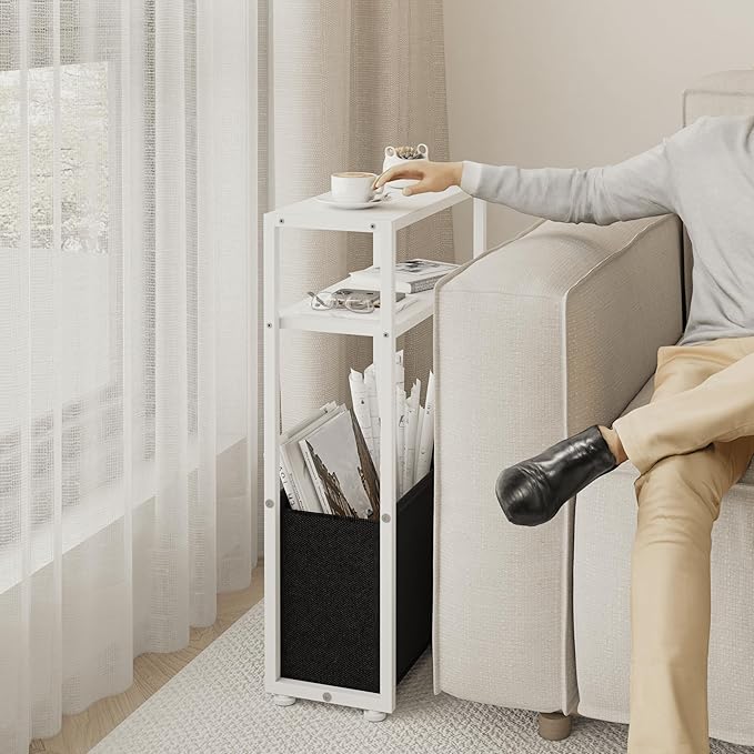 Narrow Side Table, Slim End Tables with Fabric Basket, Skinny Table for Small Spaces, Thin Bedside Table for Living Room, Bedroom, White, ZBZ01-Ruum Studio Home