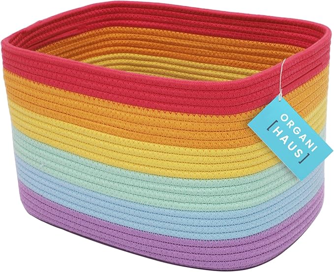 OrganiHaus Rainbow Woven Storage Baskets for Organizing, Cotton Rope Organizer Bins for Shelves, Closet & Nursery, Dog Toy Basket, Decorative Bins for Toys, Towels & Books - 15x10x9-Ruum Studio Home