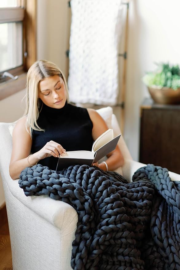 Nuzzie Chunky Knit Weighted Blanket - Breathable, Cooling, Hand Made Knit Throw Blanket for Sleep - Machine Washable, Stylish Decor Design (Dusty Blue, Queen | 28lbs | 80"x80")-Ruum Studio Home