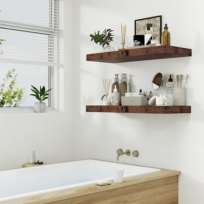 12" Deep Rustic Brown Floating Shelves,Over Toilet Long Wall Mounted Modern Farmhouse 36 inches,Wall Shelves with Invisible Brackets for Bedroom, Bathroom, Living Room, Kitchen, Set of 1-Ruum Studio Home
