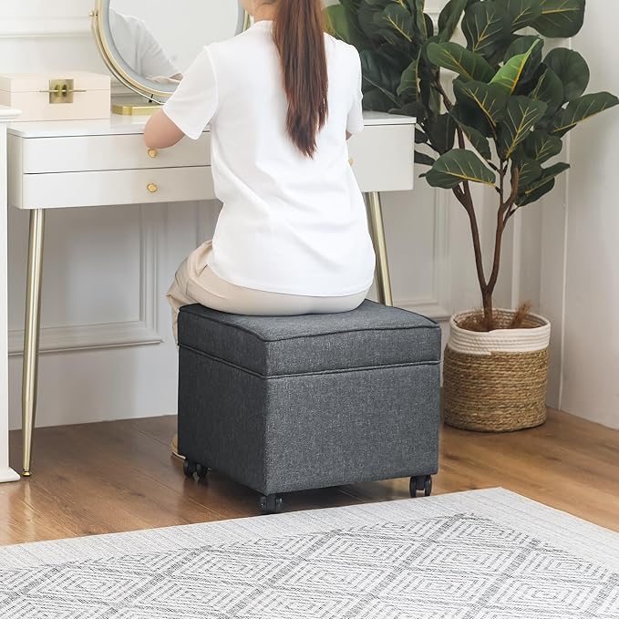 Adeco 17.5" Square Fabric Ottoman with Storage, Upholstered Cotton Linen Foot Rest, Flip Top Footstool, Small Cube Coffee Table Extra Seat for Living Room, Bedroom, Grey with Rolling Legs-Ruum Studio Home