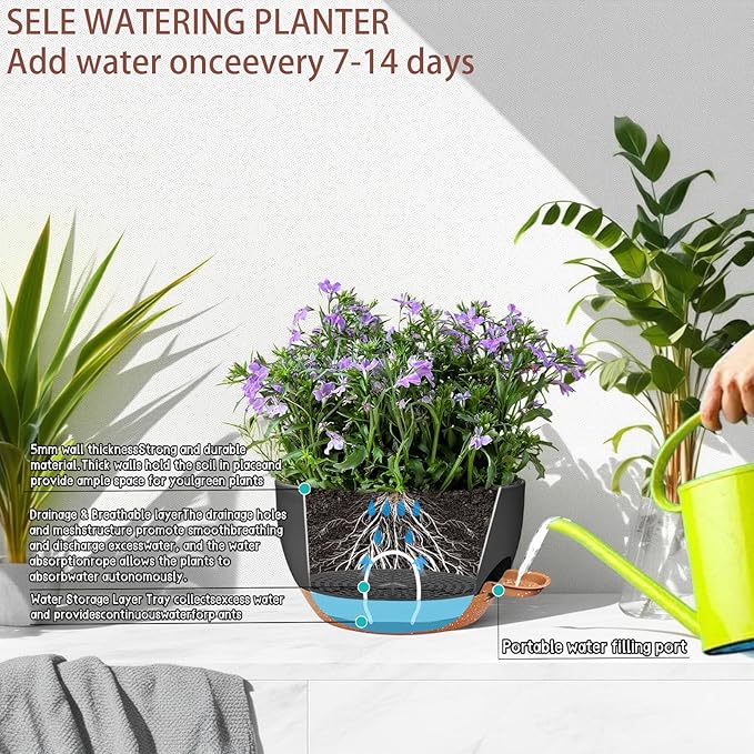 2 Pack 12 Inch Large Hanging Planters with Chains Self Watering Black Brown Plastic Hanging Pots for Indoor Outdoor Plants, Garden Porch Home Decor，Black Brown-Ruum Studio Home