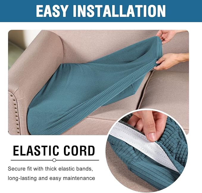 H.VERSAILTEX Super Stretch Individual Seat Cushion Covers Sofa Covers Couch Cushion Covers Slipcover Sets Thick Jacquard Textured Twill Fabric (2 Piece Medium Sofa Cushion Covers, Storm Blue)-Ruum Studio Home