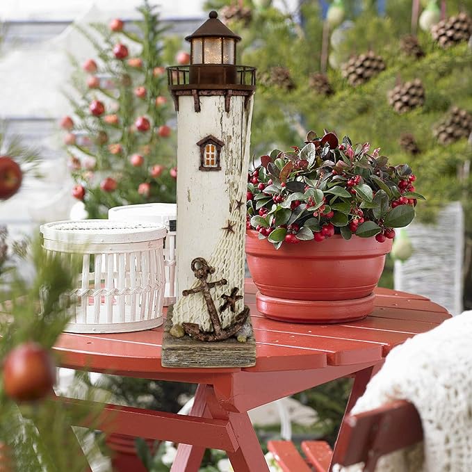 Linfevisi Wood Lighthouse Decor Rustic LED Light House Decor Wooden Decorative Nautical Lighthouse Statue Coastal Beach Themed Lighthouse Handcrafted Tabletop Decoration Home Bathroom (14.75")-Ruum Studio Home
