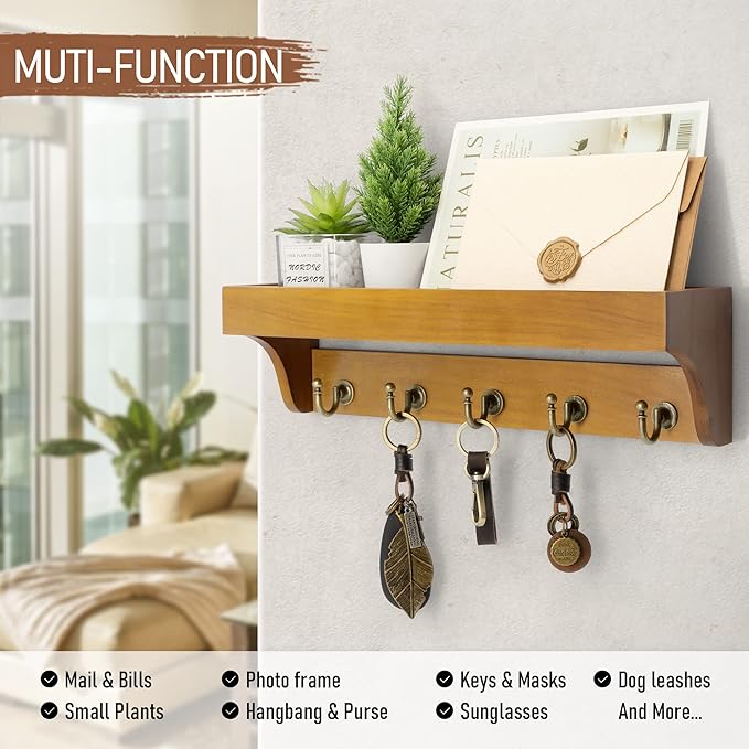 Rebee Vision Decorative Key Holder for Wall with Shelf: Farmhouse Mail Rack with 5 Sturdy Key Hooks for Home Decor, Apartment, Entryway and Hallway (Light Brown)-Ruum Studio Home