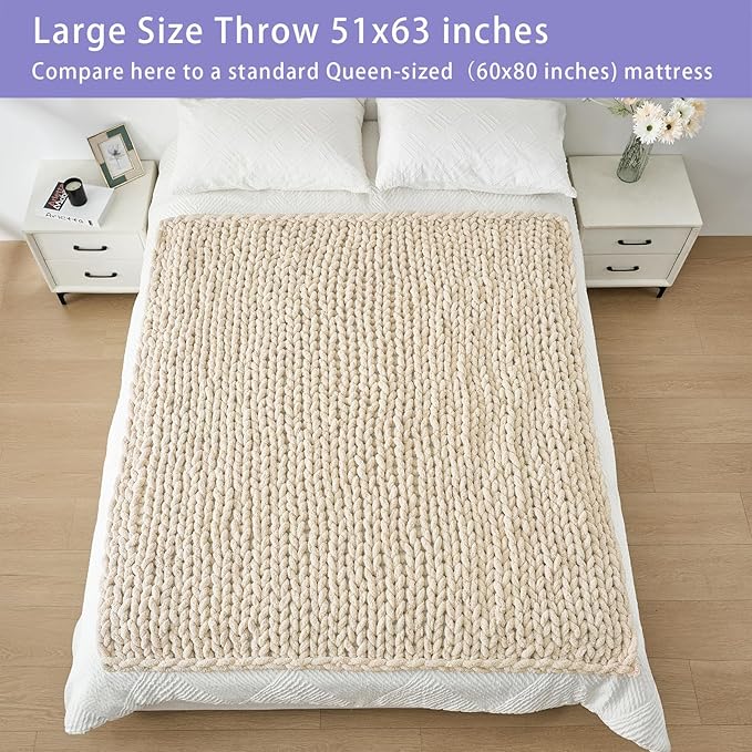 Bigacogo Chunky Knit Throw Blanket for Couch, 51x63 inches, 100% Hand Knitted with Thick Jumbo Chenille Yarn, Cozy Soft Large Rope Knot Cable Crochet Blankets for Sofa Bed Living Room, Beige-Ruum Studio Home