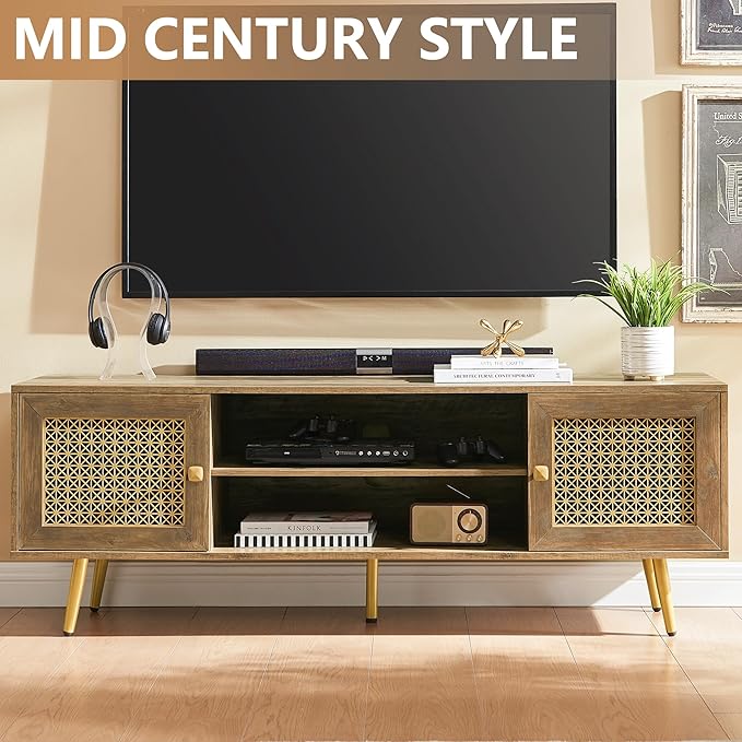 Mid Century Modern TV Stand with Metal Mesh Doors and Open Shelf for Tvs up to 65" Boho Media Console Entertainment Center with Cable Holes for Living Room Rustic Oak 59.06"x15.55"x20.87"-Ruum Studio Home