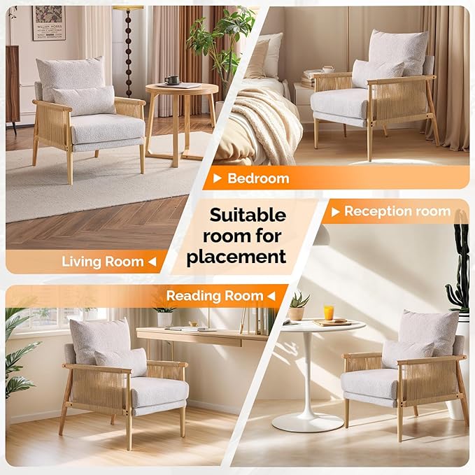 VINGLI Boho Braid Accent Armchair,Mid-Century Modern Chiar with Solid Wooden Armrest,Comfy Louge Cushion Chair with Waist Pillow for Bedroom,Living Room,Reading Room, Light Gray-Ruum Studio Home