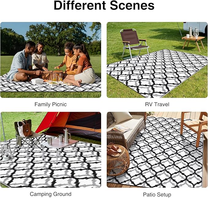 OLANLY Reversible Outdoor Rug 5x8 ft Clearance, Waterproof Outdoor Plastic Straw Rug with Interlacing Pattern, RV Mat for Patio, Camping, Balcony, Deck, Backyard, Black & White-Ruum Studio Home