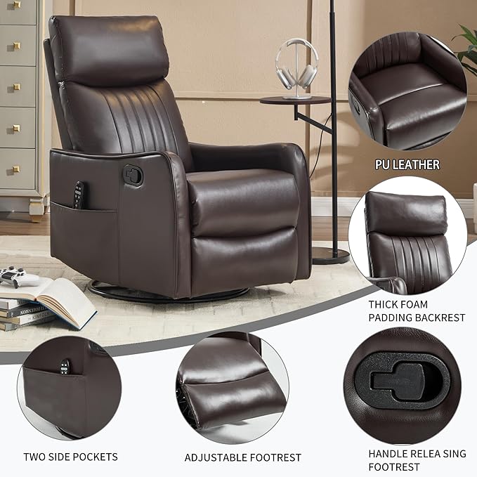 Manual Swivel Rocker Recliner Chair for Adults, Overstuffed Reclining Glider Chair for Nursing with Vibration Massage & Heat, Living Room Rocking Recliner 2-Stage backrest, Faux Leather Brown-Ruum Studio Home