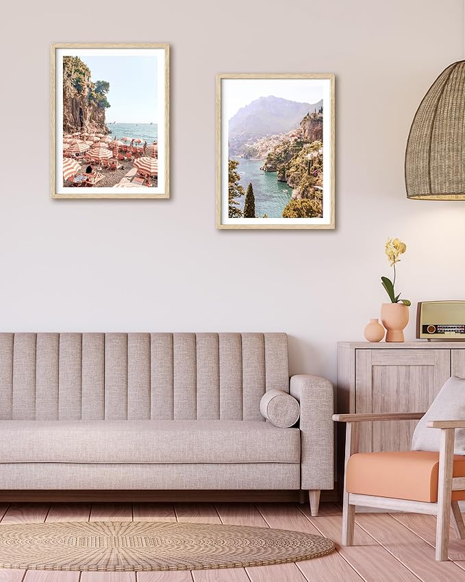 HesenDot Natural OAK Wood Framed Summer in Positano Wall Art,12x16in Italy Amalfi Coastal Canvas Wall Print,Arienzo Beach Umbrellas Poster Wall Decor for Living Room,Bedroom,Office Gallery Set of 1-Ruum Studio Home