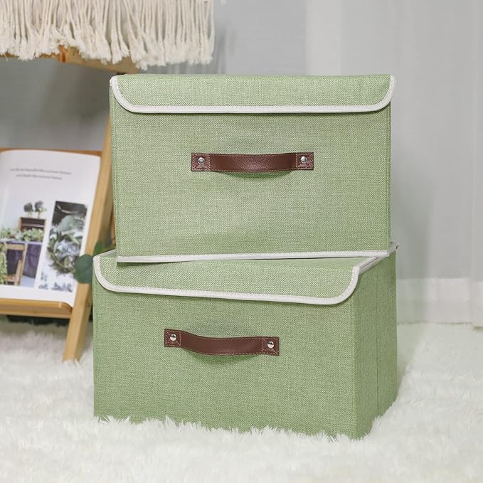 ANMINY 2PCS Storage Bins with Lid PU Leather Handles Storage Boxes PP Plastic Board Decorative Foldable Lidded Cotton Linen Fabric Home Cubes Baskets Closet Organizer Containers - Green, Large Size-Ruum Studio Home