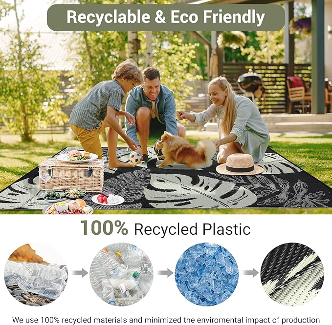GAOMON Waterproof 8x10 Outdoor Rug Reversible Plastic Straw Rug Modern Patio Carpet, Foldable Lightweight RV Camping Mat with Portable Bag & 4 Stakes, UV Resistant & Sturdy for Picnic, Beige-Ruum Studio Home