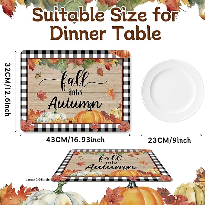 Fall Placemats Set of 6 Buffalo Plaid Thanksgiving Plastic Table Mats Autumn Vintage Maple Leaf Place Mats Pumpkins Truck Leaves Fall Table Decoration for Indoor Outdoor Party Kitchen Dining-Ruum Studio Home