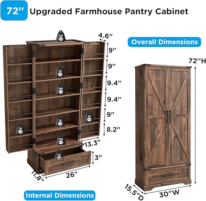 72" Farmhouse Kitchen Pantry Cabinet With Drawer, Tall Storage With 2 Barn Doors and Shelves, Versatile Large Rustic for Dining Room, Bathroom, Living Room, Rustic Brown-Ruum Studio Home