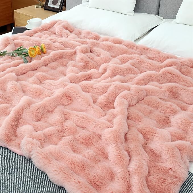 RYNGHIPY Faux Fur Bed Blankets Fluffy Warm Throw Blanket for Sofa Couch Soft Plush Decorative Blanket Thick and Heavy Cute Bubble Furry Blanket (Blush, 51''x63'')-Ruum Studio Home