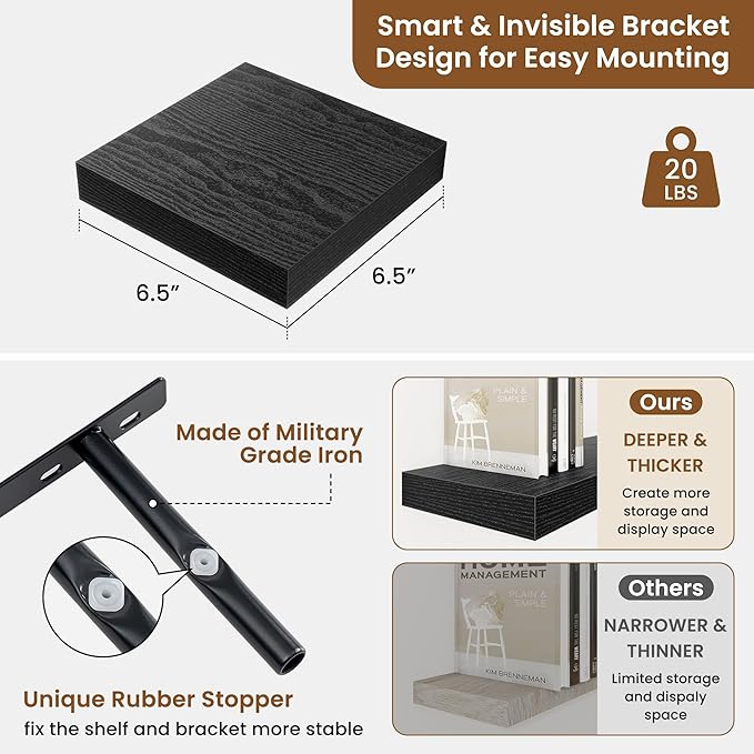 fuqing Floating Shelves for Wall, Bathroom Shelf Wall Mounted for Storage, Shelves with Invisible Bracket for Bedroom, Kitchen, Living Room, Farmhouse Small Book Shelf, 6.5 Inch Set of 3, Black-Ruum Studio Home