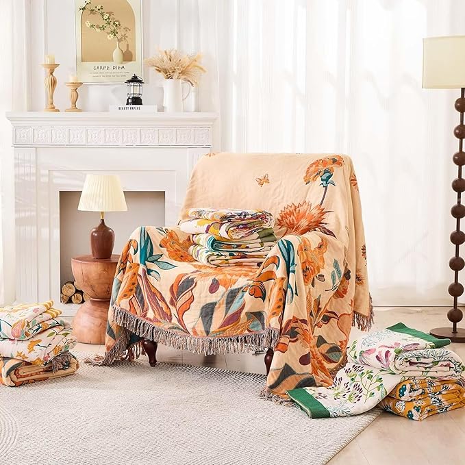 Boho Throw Blanket for Bed, 100% Cotton Soft Rustic Quilt Fall Blanket, 80" 90" Floral Printed Farmhouse Decor Bed Blankets, All Season Rustic Reversible Bohemian Throw Quilt-Ruum Studio Home